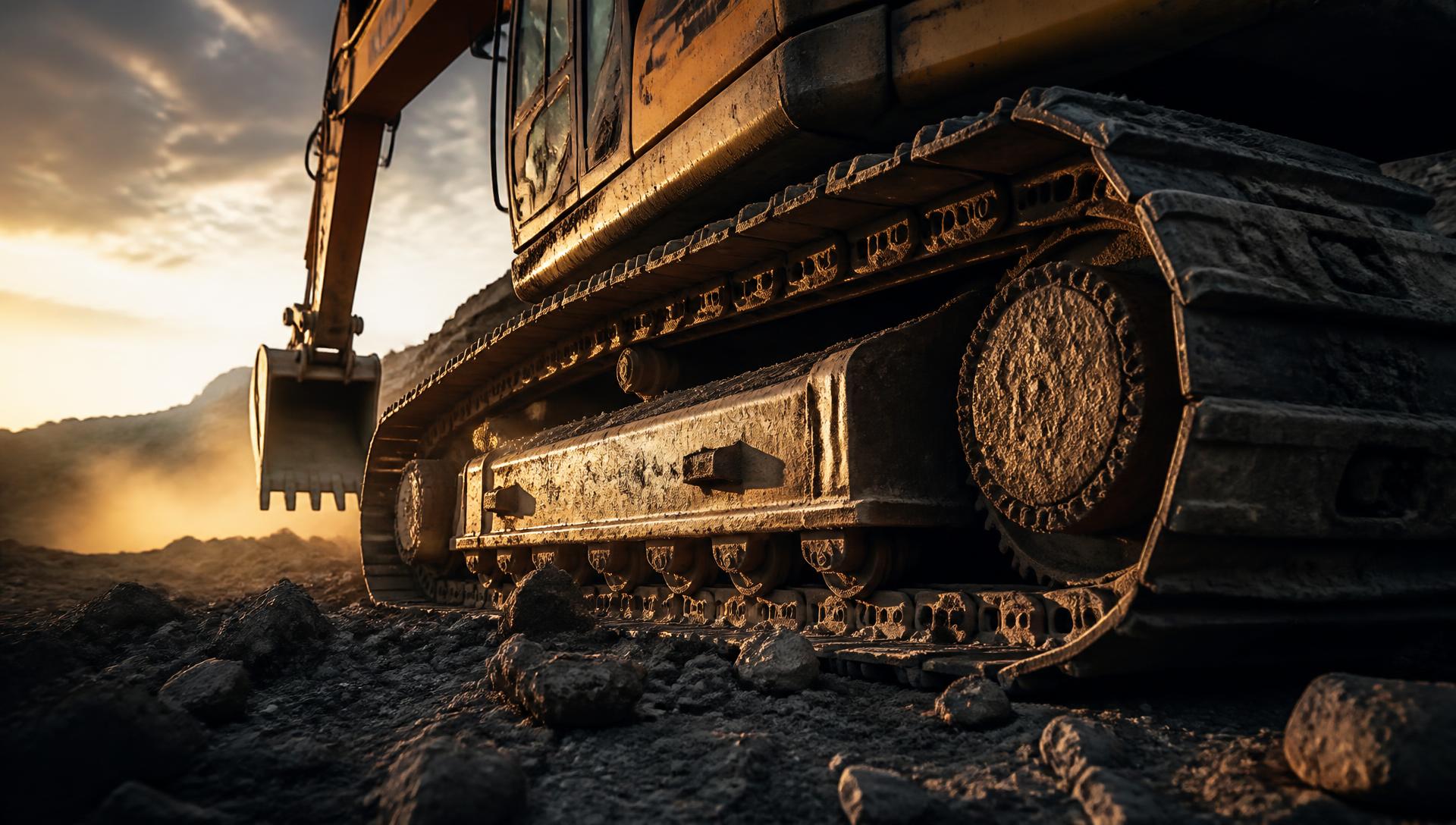 Crawler excavator undercarriage track chain and rollers working on rough terrain